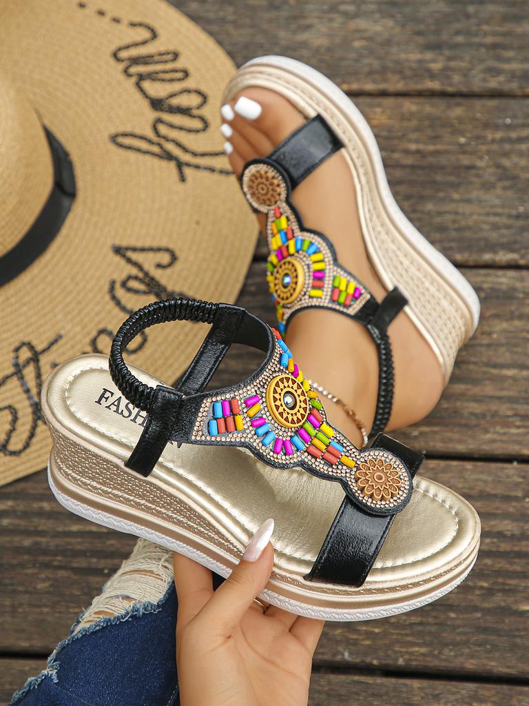 Fashion 2025 Summer Bohemian Style Wedge Heel Sandals Women Thick Sole Non Slip Beach Shoes Woman Colorful Bead Chunky Platform Sandals