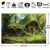2D Enchanted Cottage Tapestry, Magical Forest Hobbit House & Mushroom Wall Art for Kids Bedroom & Nursery