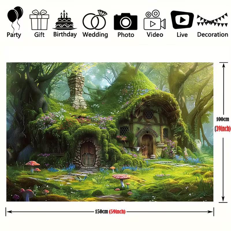 2D Enchanted Cottage Tapestry, Magical Forest Hobbit House & Mushroom Wall Art for Kids Bedroom & Nursery