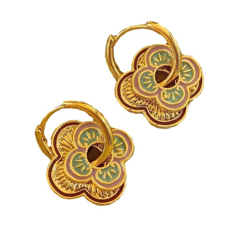 Pink Purple Enamel Earrings Women'S High-End Stud Earrings Light Luxury Temperament National Style Earrings