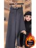 Women's Wool Wide-Leg Pants: Spring/Fall Loose Fit, Straight-Leg, Slimming Pockets with Velvet for Winter.