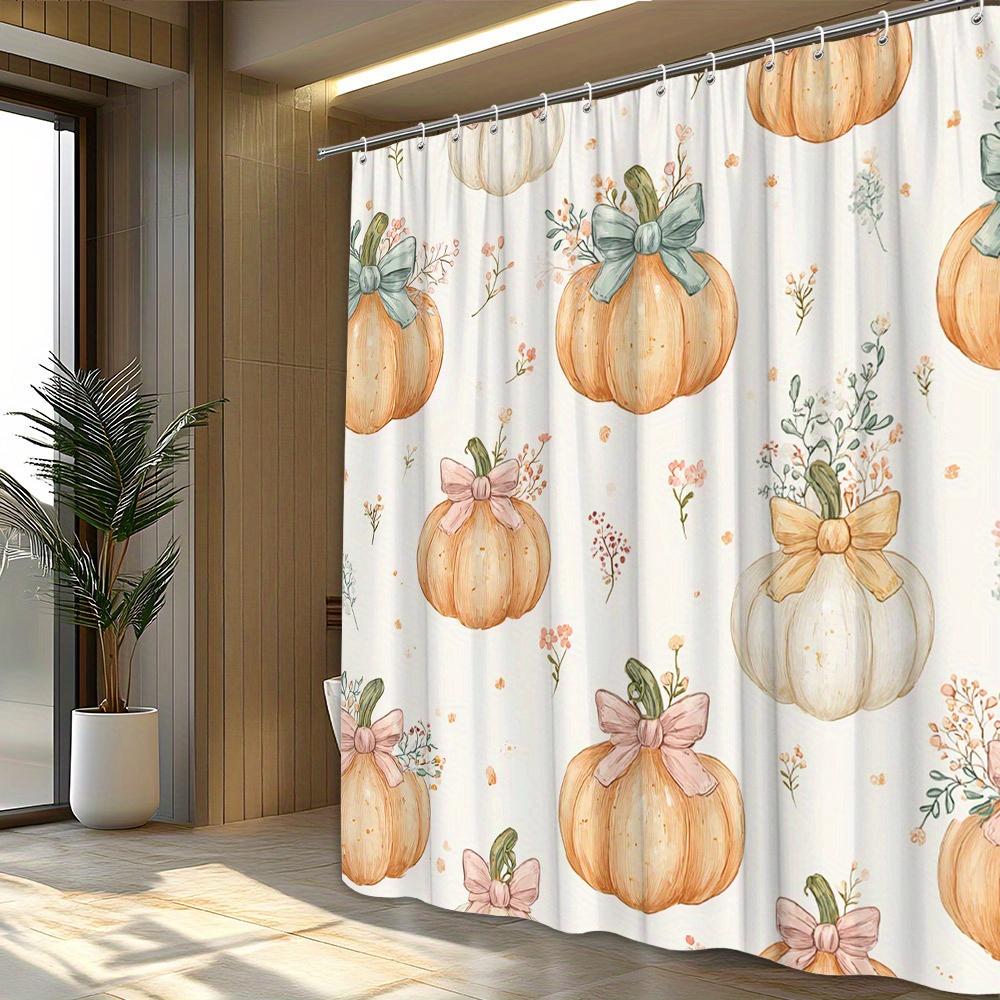 1pc Watercolor Pumpkin Bow Shower Curtain - Orange Pumpkin with Pale Pink and Teal Bows, Delicate Floral Decoration, with Hook