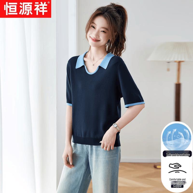

Women s Color-block Lapel Short-Sleeve T-Shirt XXL