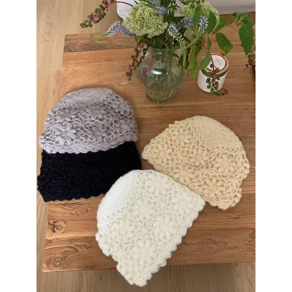 Han Generation Handmade Crochet Solid Color Headgear Sweet Three-dimensional Flower Knitted Hollow Hat Atmosphere Wool Hat