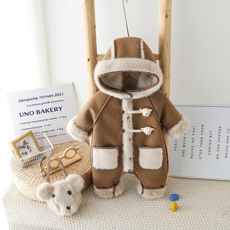 Nuovo Tuta Invernale Peluche: Tuta con Cappuccio da Passeggio per Neonati e Bambine - Carino Set Due Pezzi.