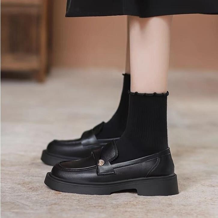 Soft Leather Gold Coin Loafers Women's British Style 2025 Autumn New Thick Heel Single Shoes Platform Sole Small Leather Shoes