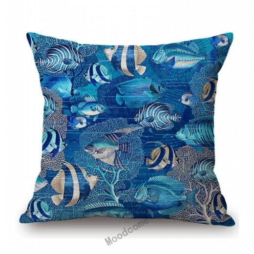 Ocean Blue Sea Life Marine Acquatics Jelly Fish Seashell Starfish Pattern Stylish Nordic Pillow Case Cotton Linen Cushion Cover