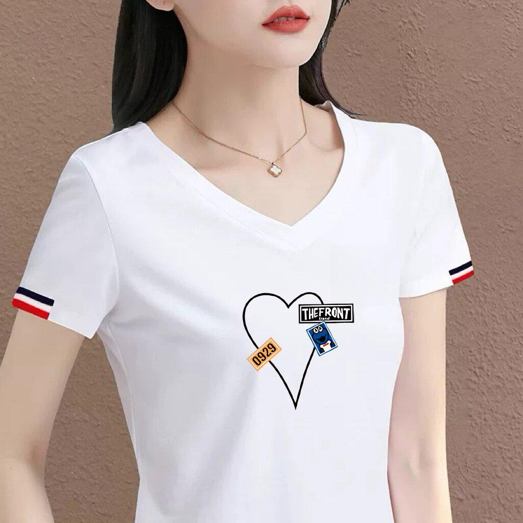 Clearance: High-Grade Women's White Cat Print V-Neck T-Shirt - Short-Sleeve Casual Summer Bestseller