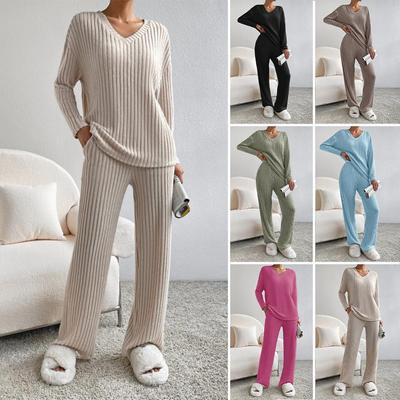 Γυναικείο Casual Σετ V-Neck Πλεκτό με Ριμπ και Ίσιο Παντελόνι Φθινόπωρο 2025