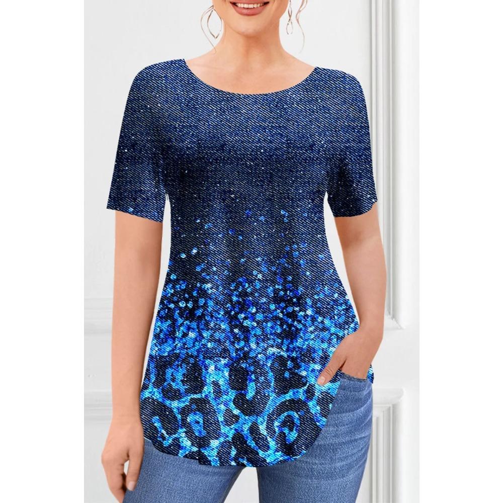 Summer Round Neck 3D Leopard Pattern Print Top Fashionable Casual Short Sleeved Women's T-shirts
