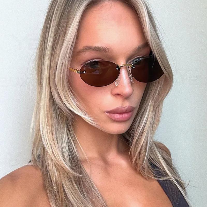 Protective Glasses 2pcs Rimless Oval Sunglasses Female Punk Metal Frame Gradient Lens Sun Glasses Multi Color Glasses UV400