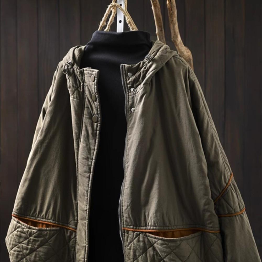 Johnature Women Vintage Hooded Patchwork Zipper Solid Color Winter Warm Long Sleeve Coats Female Casual Coats