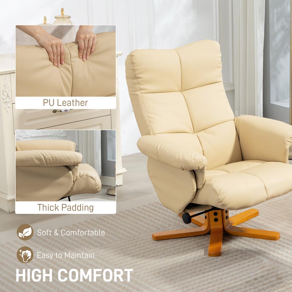 PU Leather Swivel Recliner Chair with Footstool, Wooden Base and Storage for Living Room, Beige