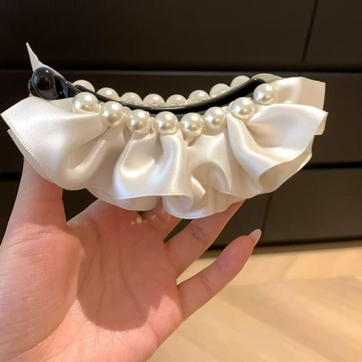 Elegant Pleated Pearl Satin Banana Clip - Princess Style Hair Accessory for Updos