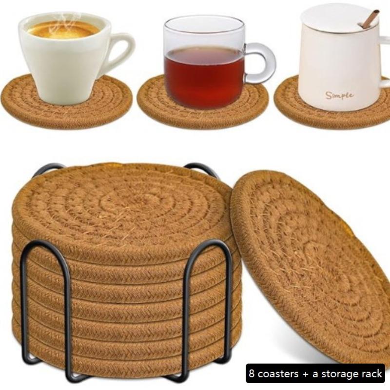 8 Pieces Cotton Rope Woven Placemats With Stand Insulation Pads For Drinks Woven Coaster Set Home Decoration