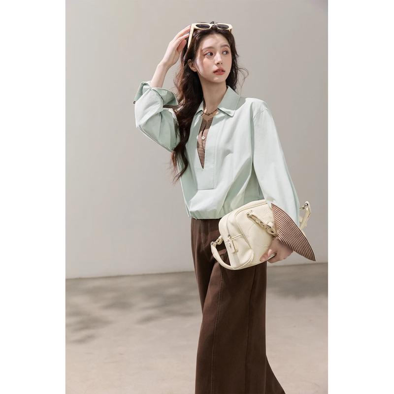 Women's Retro Fake Two-Piece Striped Spliced Shirt