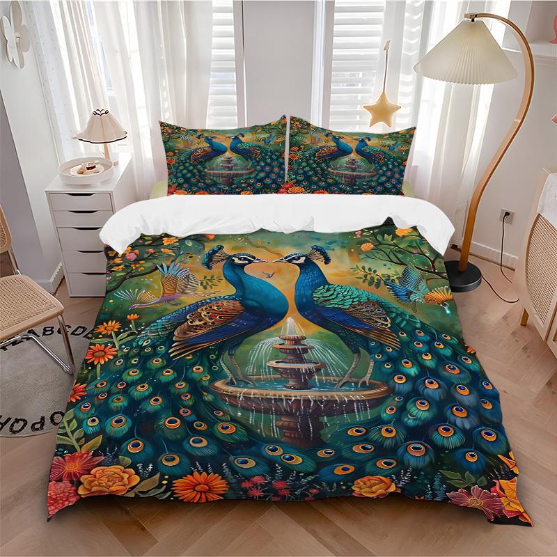 3pcs Peacock Garden Fountain Duvet Cover Set, Cover For Bedroom Guest Room (1 Duvet Cover + 2 Pillowcase, Without Quilt), yy250922132
