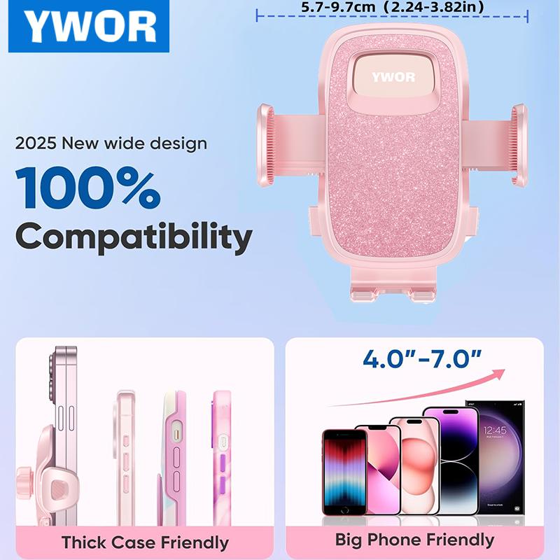 YWOR Pink Car Phone Holder, Universal Phone Mount for Car Dashboard,Super Suction Dash Cellphone Car Mount Stand