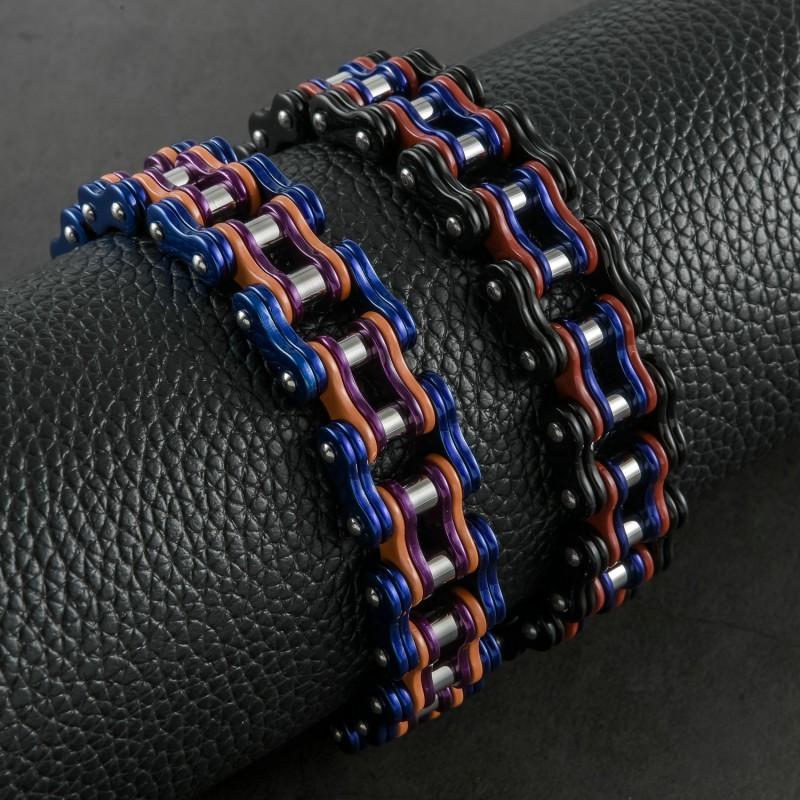 Titanium Steel Cycling Bracelet Men Geometric Biker Chain Style Black With Gold Blue Red Accents Durable Adjustable Wristband