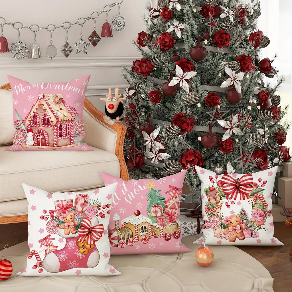 Christmas Decoration Pillow Cover Christmas Gingerbread Man Candy Hut Train Pattern Sofa Cushion Cover Home Decoration