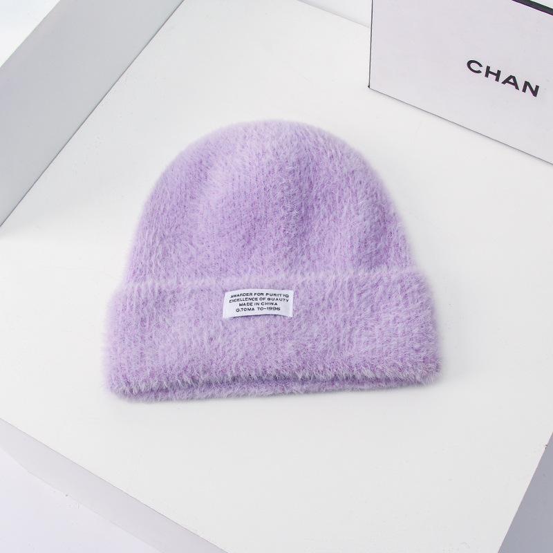 Hat Women's New Imitation Mink Autumn and Winter All-match Patch Wool Hat Knitted Hat Warm Pullover Ear Protection Cold Hat