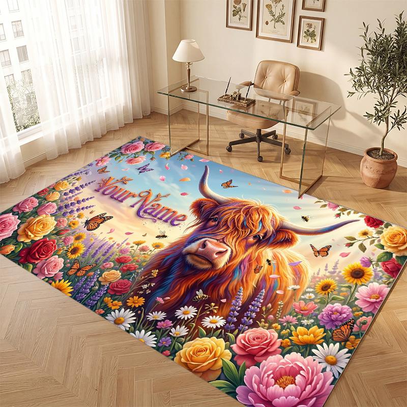 Highland Cow Theme Soft Crystal Velvet Rug Custom Name & Text Print Non Slip Floor Rug for Bedroom Living Room