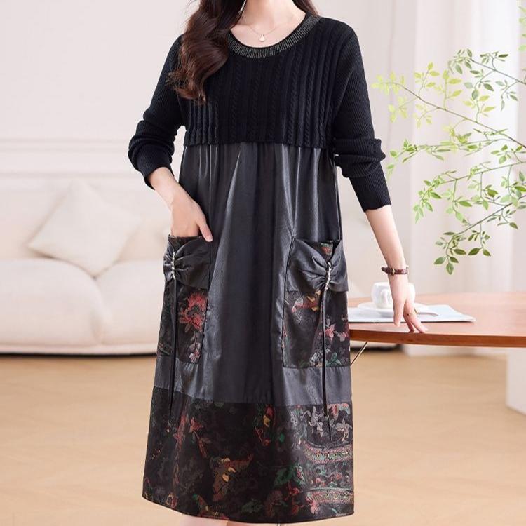 Women's long Sweater Dress Knitted Patchwork PU Leather A-Line Dress Plus Size Knitted Dress for Autumn and Winter ...