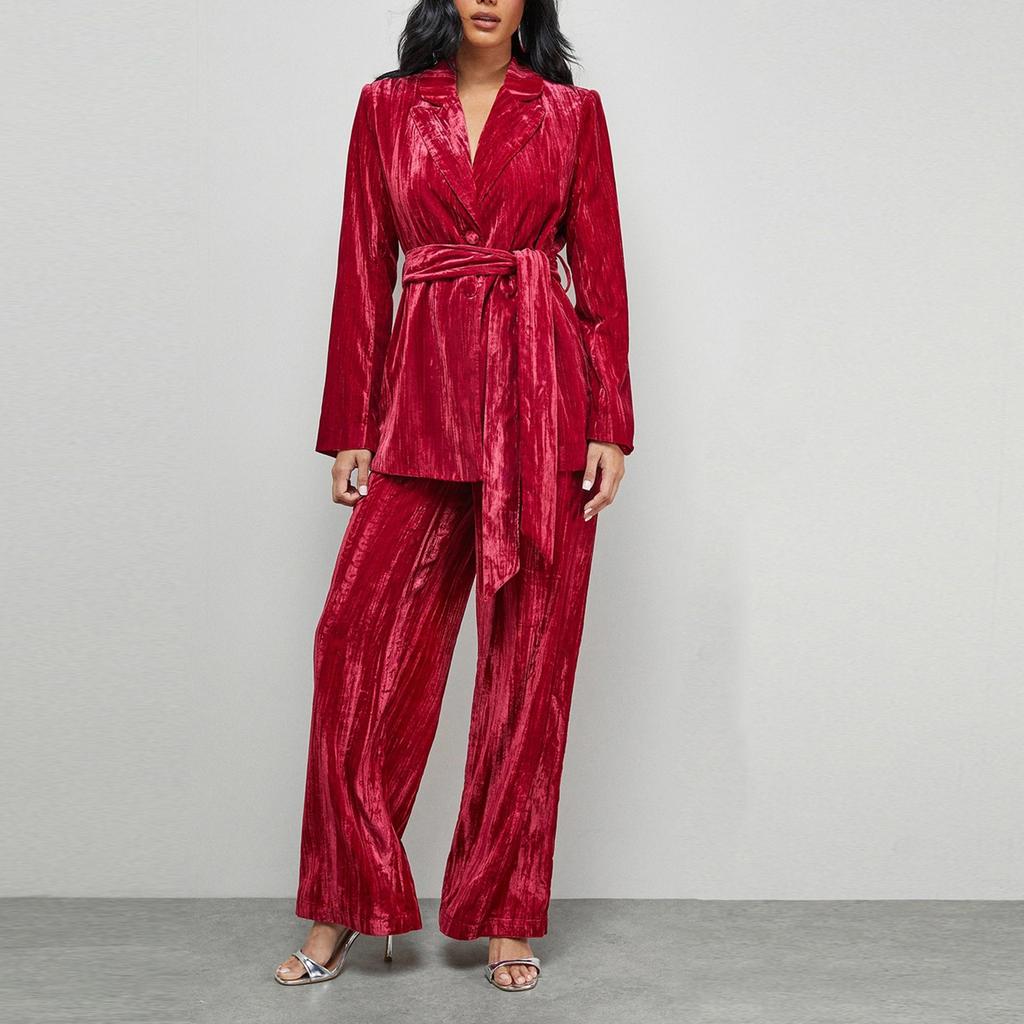 Women's Fashion Casual Long-Sleeved Solid-Colour Pleated Velvet Two-Piece Set With And Straight-Leg Trousers