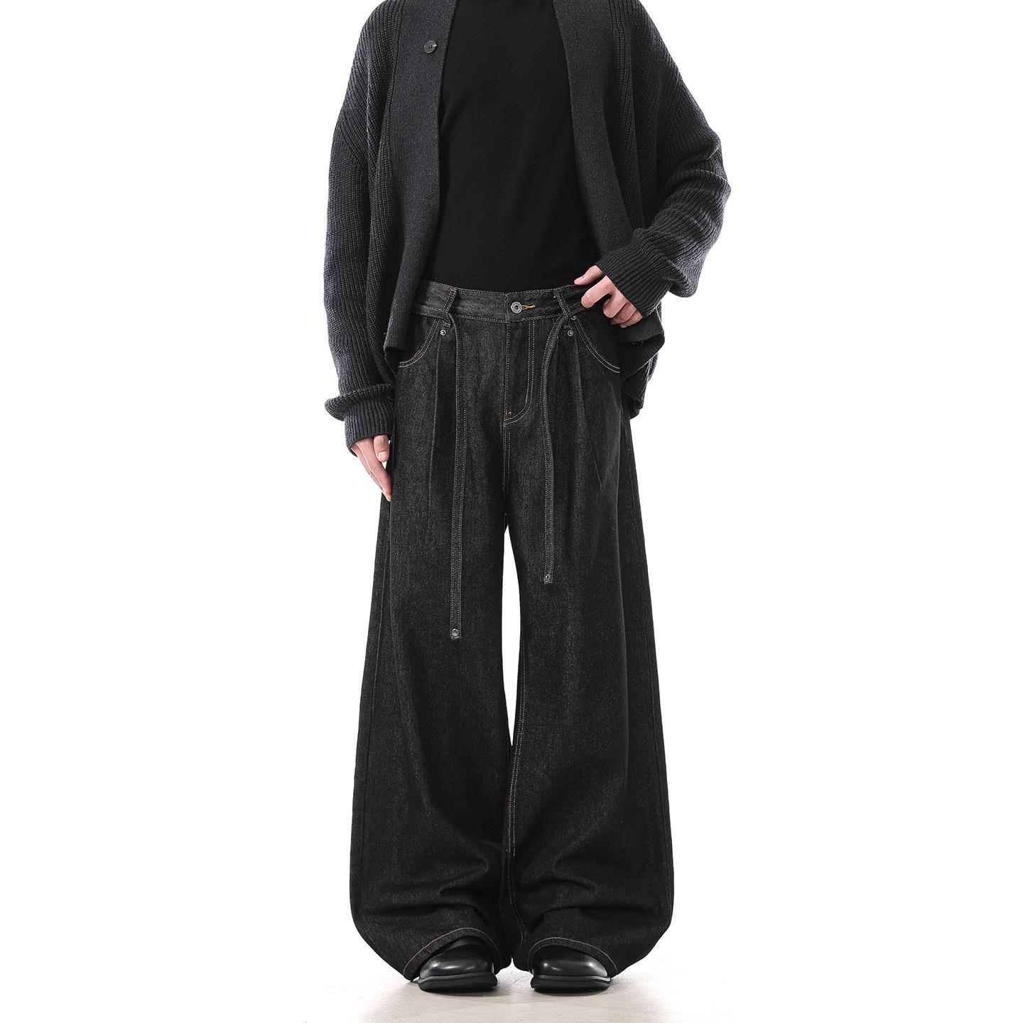 Unisex American Retro Pleated Wide-Leg Raw Denim Jeans Small