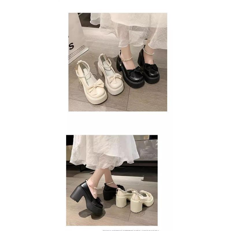 Damen Plateau Mary Jane Schuhe mit Perlenriemen Schleife Klobiger Absatz Lolita Schuhe