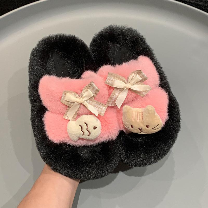 Soft cute kitten thick-bottomed fluffy slippers girl autumn fashion outer wear flanged children's cotton slippers woman