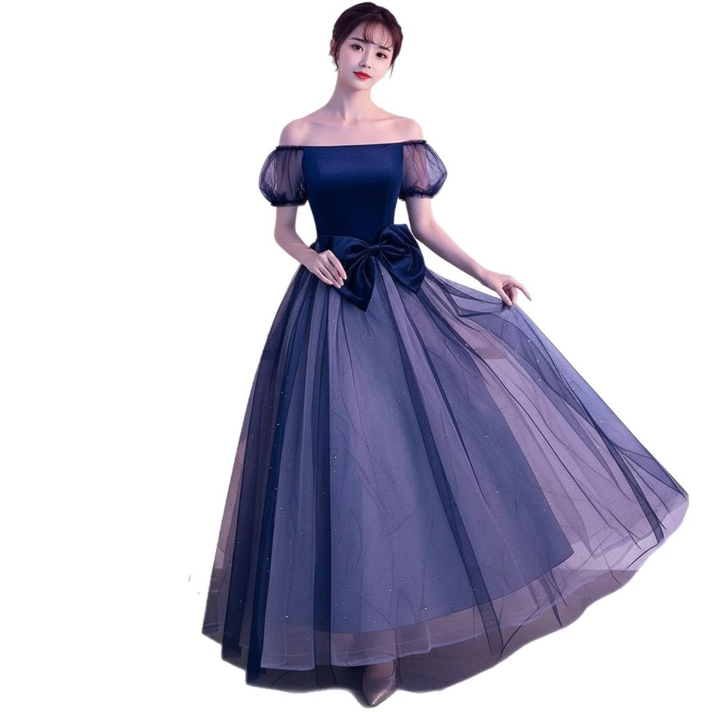 French Atmosphere Long Dress Shoulder Mesh Bubble Sleeves Waist Bow Gradual Change Flash Yarn Host Dress