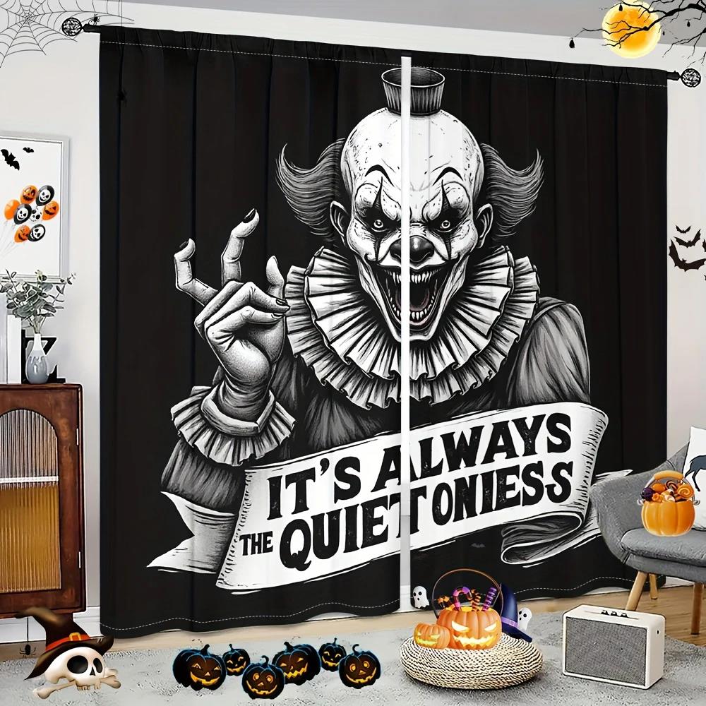 2pcs- Halloween Classic Look Gothic Clown Print Curtains, Pole Bag Home Decorations, Space Decorations Durable Material