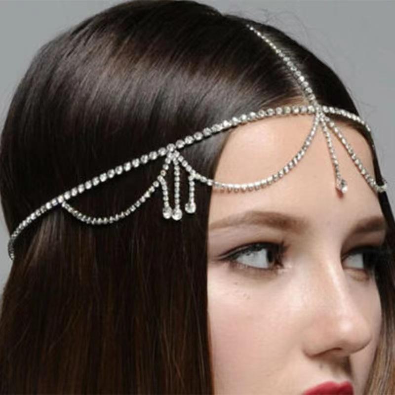 Cross-Border Hot Sale Fashion Elegant Rhinestone Hair Chain Vintage Water Drop Forehead Lace European and American Accessories