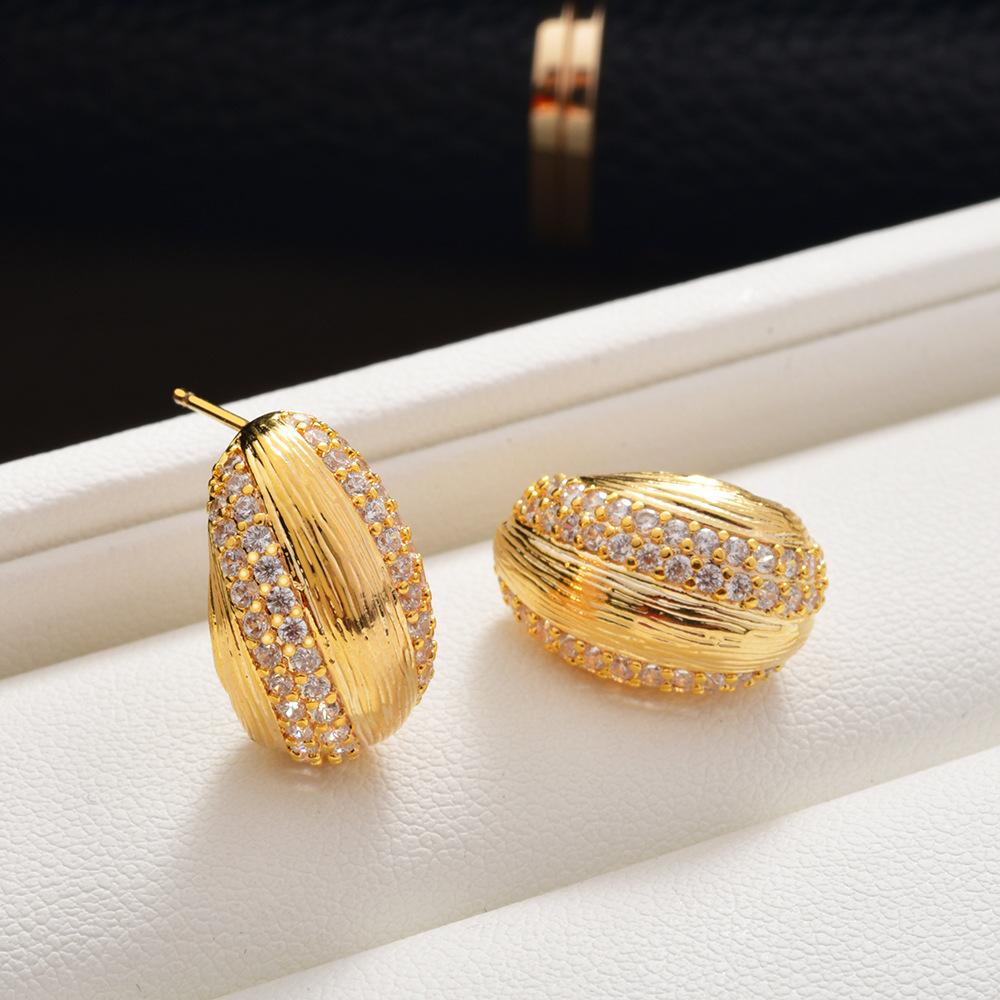 Korean Light Luxury Zircon Stud Earrings Textured Striped Teardrop Earrings Gold Plated Commute Jewelry for Women