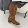 Fashion Block Heel Single Boots Women's Fashion Round Toe Suede Studded Metal Ring Anti-Slip Wear-Resistant Tall Boots