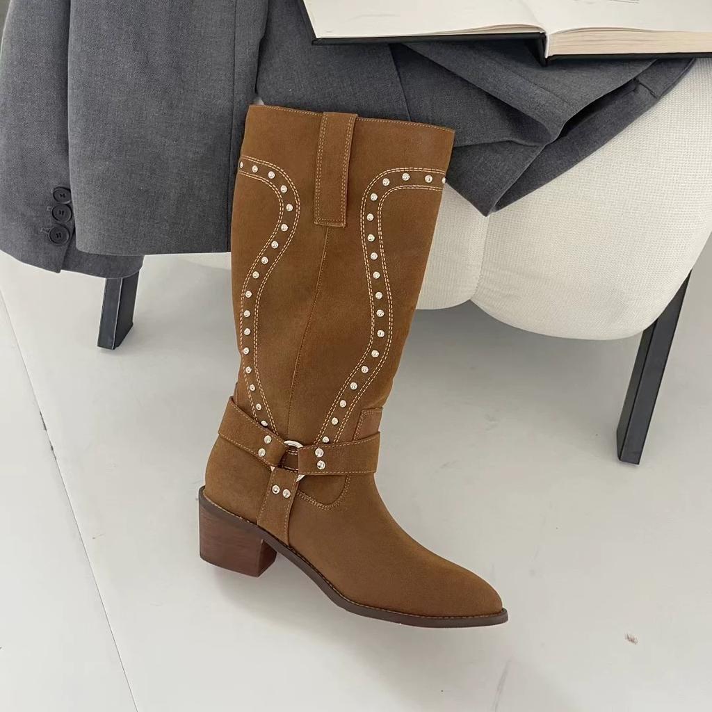 Fashion Block Heel Single Boots Women's Fashion Round Toe Suede Studded Metal Ring Anti-Slip Wear-Resistant Tall Boots