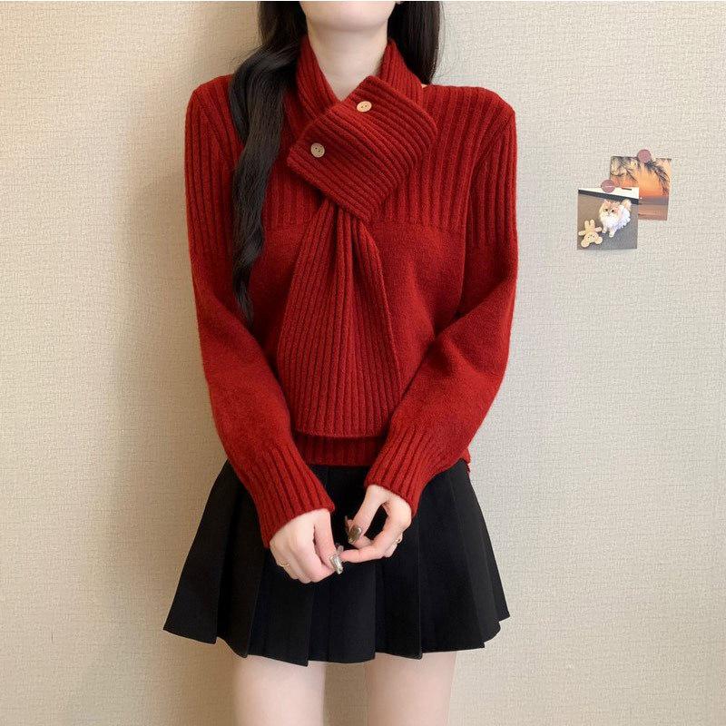 Korean Style Red Knit Pullover Scarf Sweater for Women – Autumn/Winter Fashion
