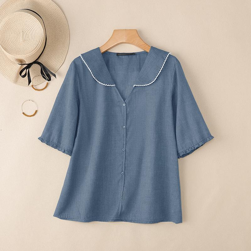 

ZANZEA Женская повседневная летняя блузка с V-образным вырезом и коротким рукавом 5XL темно-синий