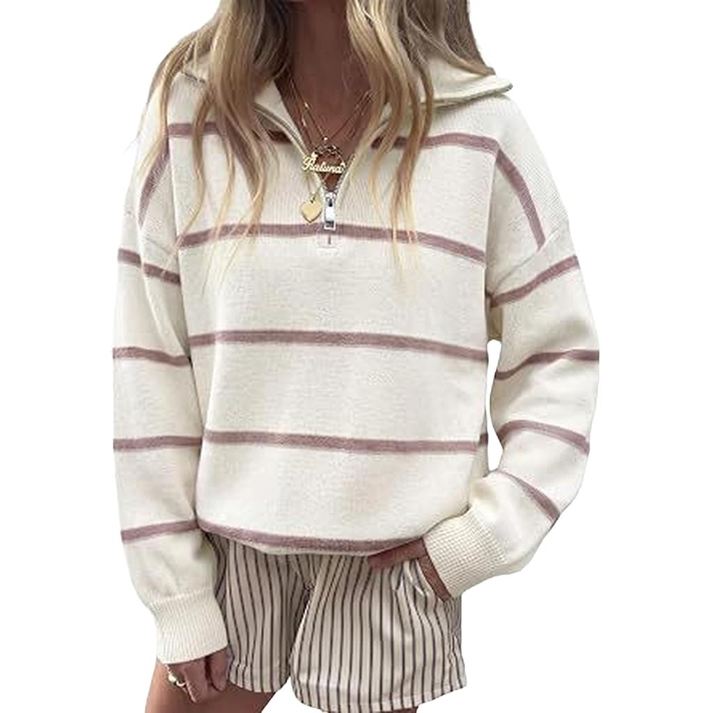 Damen gestreifter Pullover mit Reißverschluss Lässiges Strickoberteil