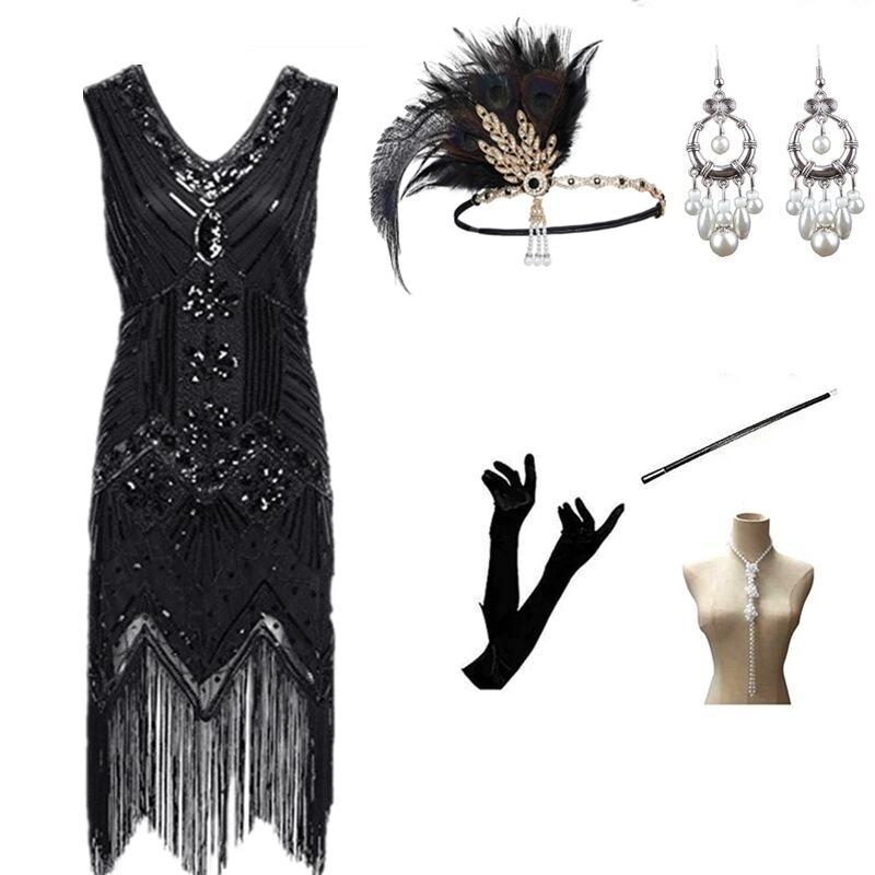 Large Size S-4XL Vintage Dress, Sequined Evening Dress Banquet 1920 Set