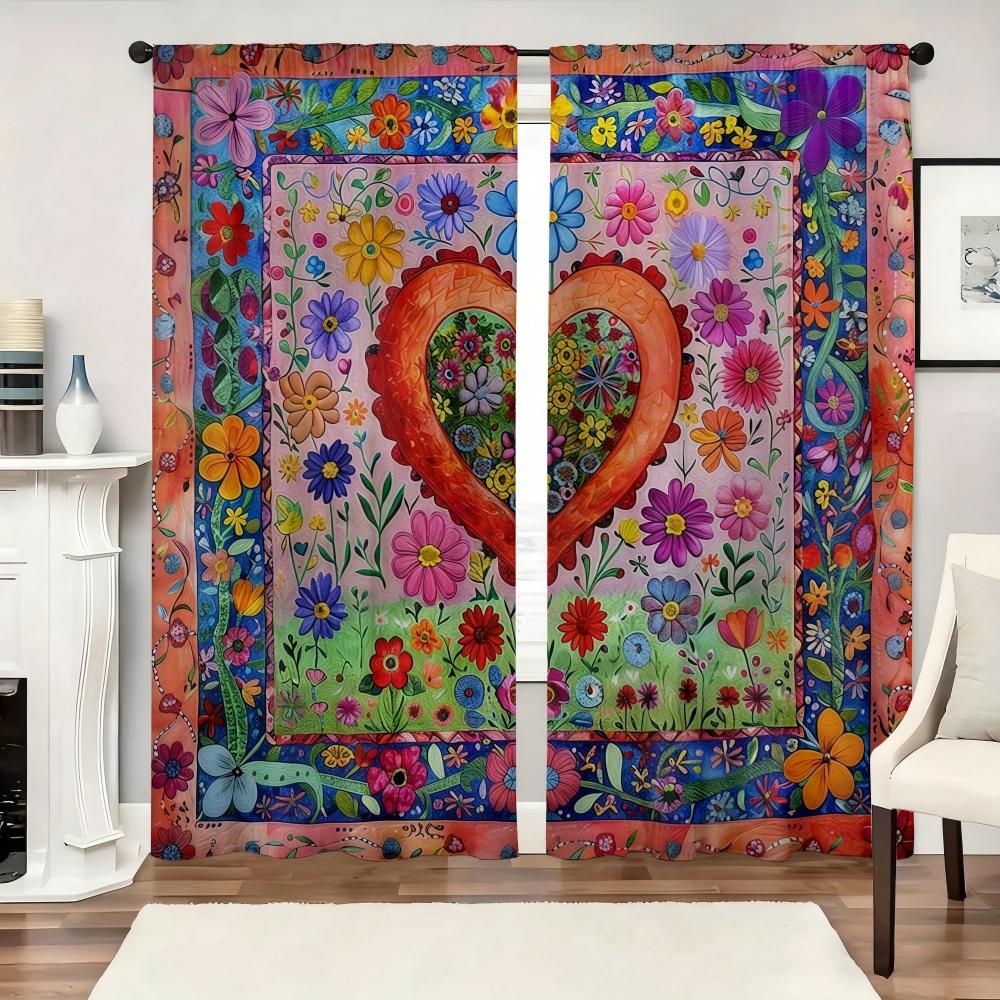 2 ks Živé Květinové Srdce Závěsy Tunýlek na Tyč Zatemňovací Závěsy Domácí Dekorace pro Obývací Pokoj Ložnici Sváteční Okenní Dekorace