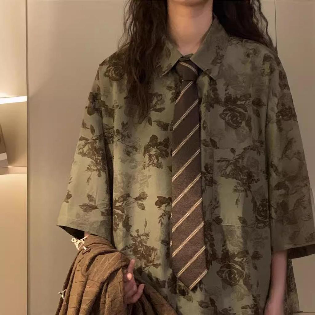 Vintage Japanese Retro Hong Kong Style Floral Short-Sleeve Shirt - Unisex Loose Casual Design