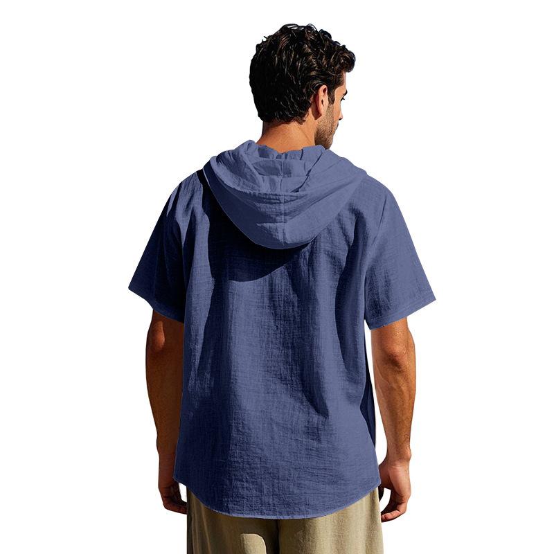 Summer Men's Lightweight Pocketed Breathable Linen Loose-Fit Hooded Cardigan Short-Sleeved Shirt