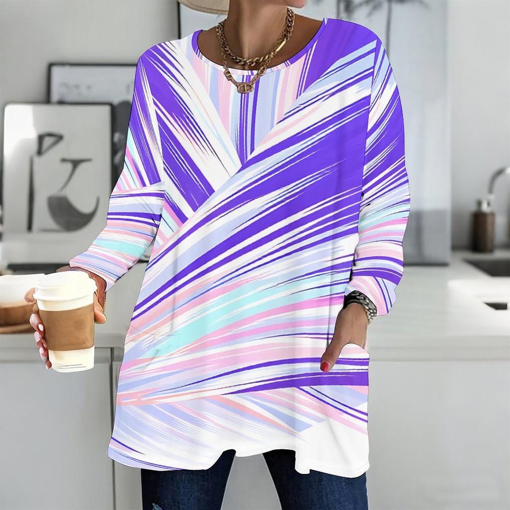 Ladies Round Neck Oversized Long Sleeve T Shirt Soft Comfort Tops For Indoor Daily Wear