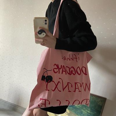 Schultertasche Damen Bedruckte Buchstaben Lazy Wind Rosa Student Große Kapazität Canvas-Tasche Vielseitig Klasse Pendler Tragetasche