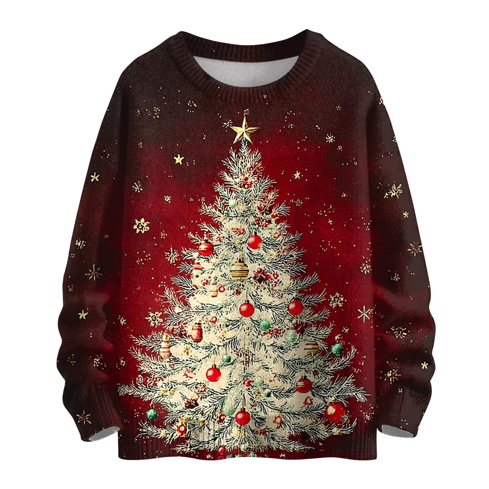 

Женский модный повседневный трикотажный свитер с длинным рукавом и рождественским принтом, круглый вырез M винный