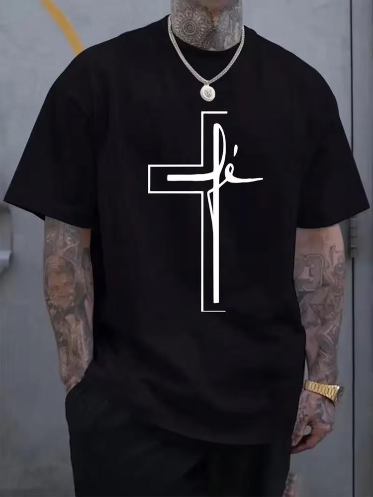 Mens 100 cotton cross line print t shirt summer casual crew neck tee top