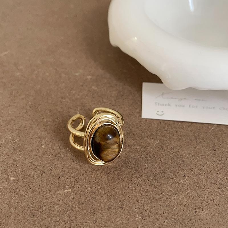 Natural Stone Double-Layer Open Ring Women'S Niche Design Sense Retro Personality Fashion Temperament Versatile Ring Ring