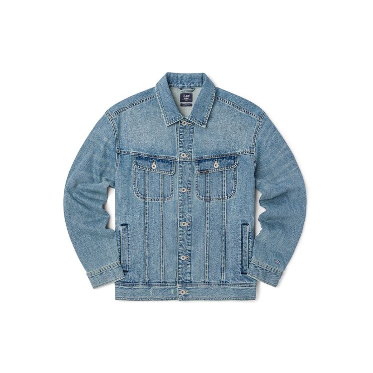 Lee 101+ Series SS22 Vintage Wash Letter Embroidered Denim Jacket Men jackets Medium-Blue LMT0015215DG00FA00513